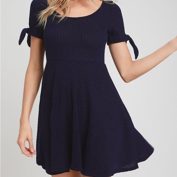 Lulus Too Cute Navy Blue Knit Tie-Sleeve Skater Dress - Picture 1 of 4